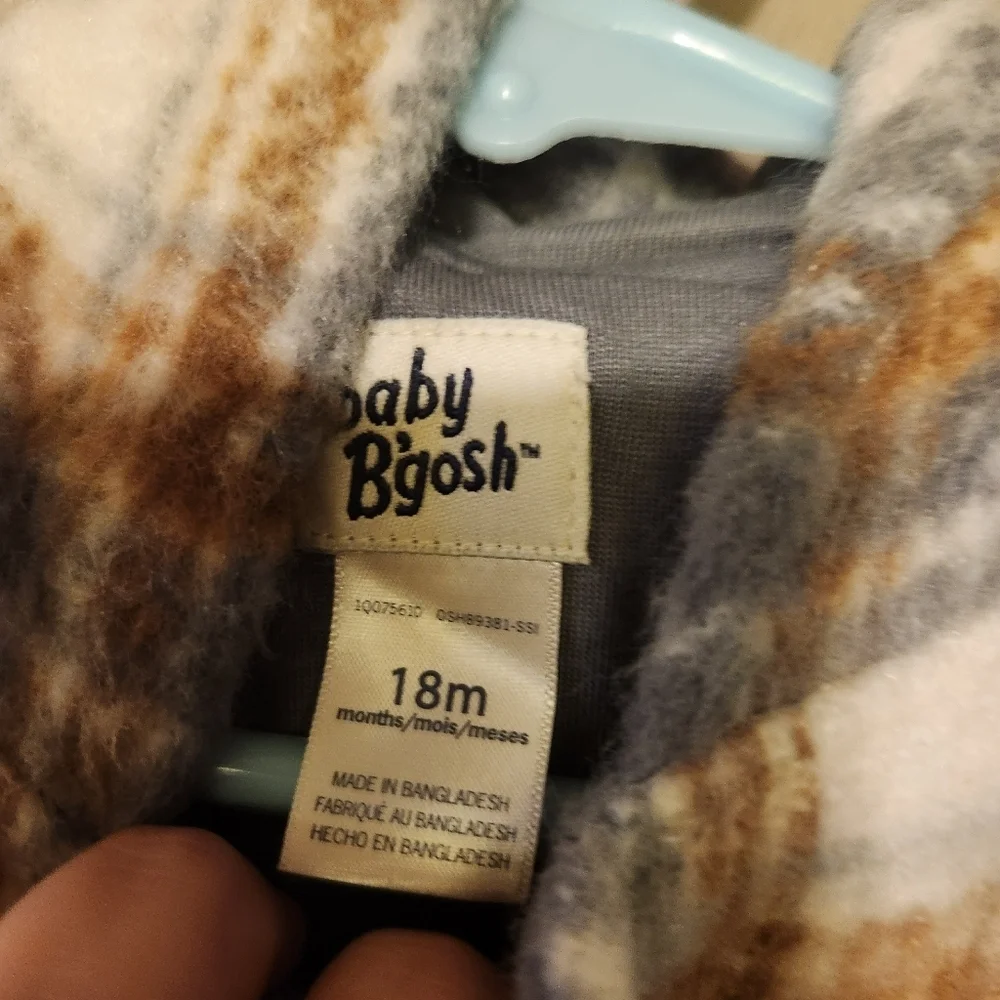 Baby B'Gosh Jacket 18 Months Hooded Plaid Fleece Flannel Button Tan Blue Cream